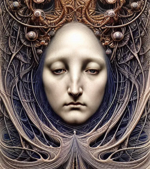 Image similar to detailed realistic beautiful twilight goddess face portrait by jean delville, gustave dore, iris van herpen and marco mazzoni, art forms of nature by ernst haeckel, art nouveau, symbolist, visionary, gothic, neo - gothic, pre - raphaelite, fractal lace, intricate alien botanicals, ai biodiversity, surreality, hyperdetailed ultrasharp octane render