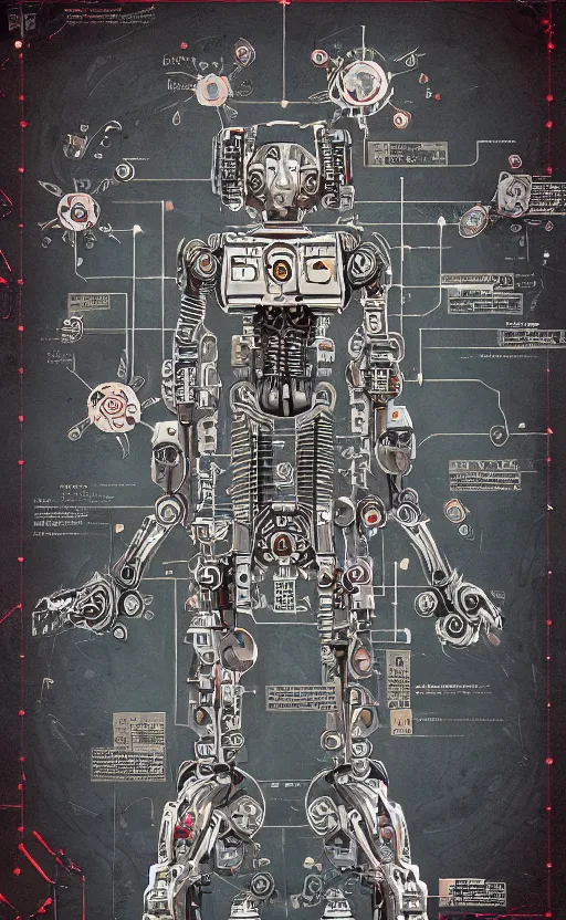 Image similar to anatomy of the terminator, robot, cyborg, t100, bloodborne diagrams, mystical, intricate ornamental tower floral flourishes, rule of thirds, technology meets fantasy, map, infographic, concept art, art station, style of wes anderson