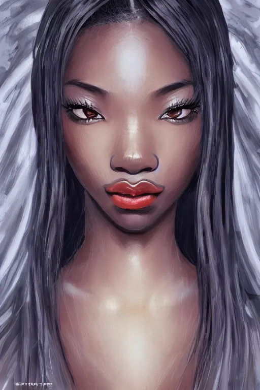 Prompt: A bust of a beautiful black skinned Japanese girl with large lips and smooth eyebrows and straight hair, HD, illustration, epic, fantasy, intricate, elegant, amazing detail, digital painting, artstation, concept art, smooth, sharp focus, illustration, art by Turine Tran