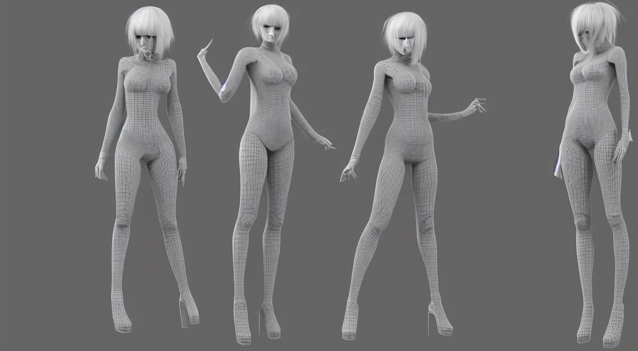 Prompt: full body shot with legs , 3D skin model a cute girl blonde hairs cyberpunk style concept art skin model, 3d models , grey background