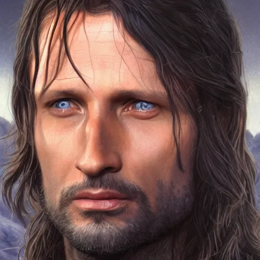 Image similar to Aragorn portrait, golden hour, rim lighting, detailed matte painting, cinematic, Alan Lee, Artstation