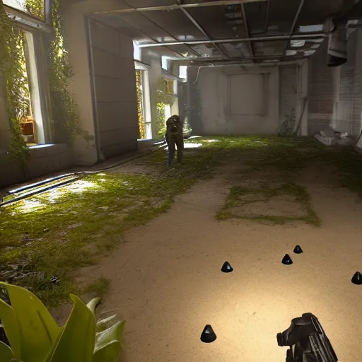 Image similar to screenshot of a first person shooter game on unreal engine 5, in an underground garden, shootout, photorealistic, player fighting against hazmat soldiers