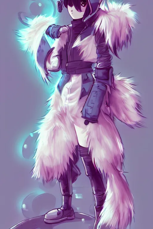 Image similar to a cyberpunk anthropomorphic fox with a fluffy tail!!!, manga art, trending on furaffinity, cartoon, kawaii, backlighting, by kawacy, chibi, pastel