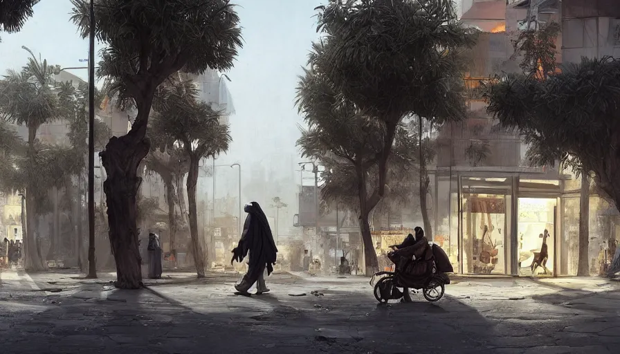 Image similar to modern jeddah city street, roshan, shops, a bright pharmacy, a nomad wearing a worn out coat, plants, tree, dramatic lighting, sci fi, by caspar david friedrich by james gilleard and justin gerard, centered, artstation, smooth, sharp focus, photoreal octane render, by jean baptiste monge, gustave dore, deviantart