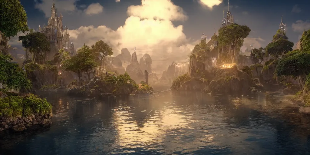 Image similar to beautiful and immersive magical town, magical buildings, bioluminescent forest surrounding, gentle rivers flowing through town, award - winning cinematography - cinematic lighting, dramatic lighting, stunning and beautiful view - unbelievably amazing - highly detailed, hyperrealistic, unreal engine 5, in the style of kingdom hearts and final fantasy