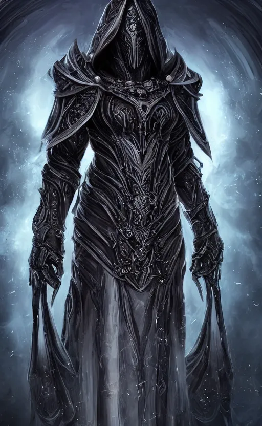 Image similar to character concept, beautiful warlock in armor, black hair, hooded cowl, intricate smooth patterns, cosmic armor, diablo splash art, cinematic lighting, hr giger style