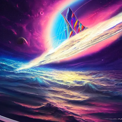 Image similar to beautiful digital painting of a cosmic boat sailing through space, hyperdetailed, trending on Artstation