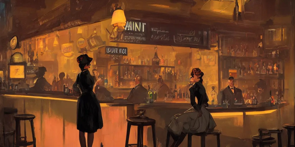 Prompt: a powerful woman is at the bar of a 4 0 s jazz club, warm color palette, night time, dramatic lighting, noir film, character sheet, fine details, high contrast, blacksad, kim jung gi, greg rutkowski, trending on artstation, 8 k, front view, back view, ultra wide angle