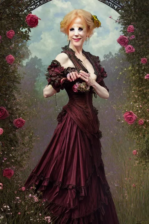 Prompt: Nicole Kidman dressed in a victorian roses dress fashion, D&D, fantasy, intricate, elegant, highly detailed, digital painting, artstation, concept art, matte, sharp focus, illustration, art by Artgerm and Greg Rutkowski and meredit frampton and Alphonse Mucha