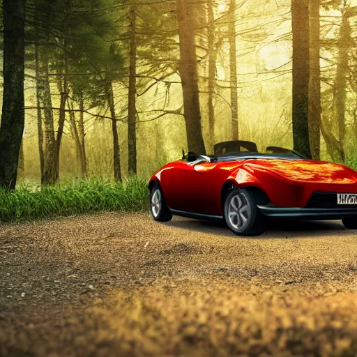 Image similar to a fluffy roadster parking in the forest, warm light, realistic, 4k, hd, highly detailed