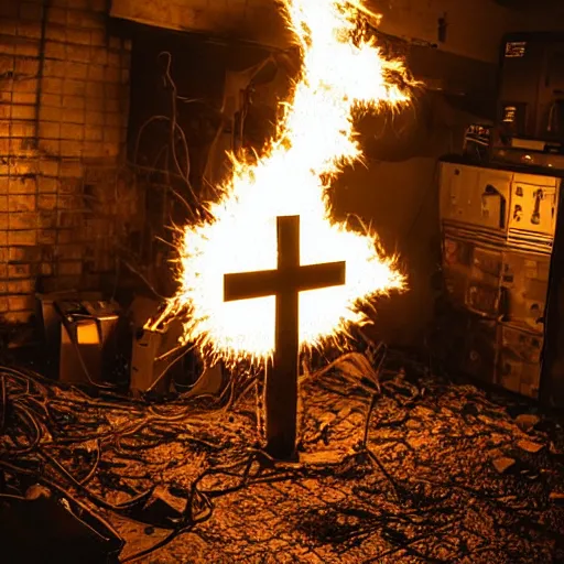 Prompt: “burning flaming cross on fire made from twisted cables in a dirty small suburban basement at night, dark dark dark dark dark as night. Cables cables cables cables cables everywhere. Trash on the floor, sparks sparks sparks embers embers sparks flying everywhere. Flash photograph.”