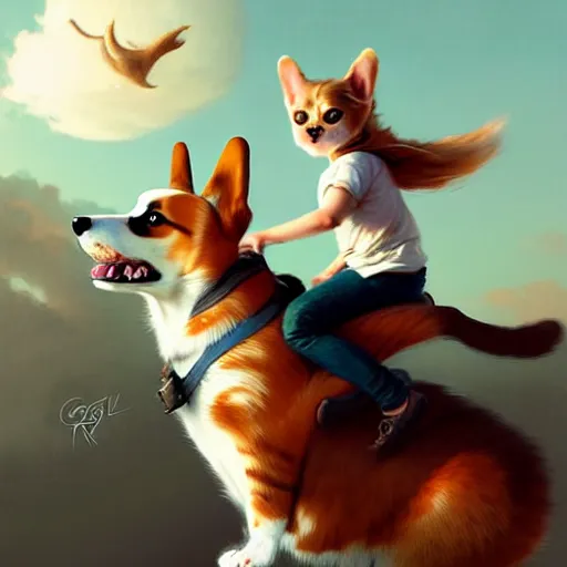 Image similar to tiny cat girl riding on the back of a giant corgi by greg rutkowski