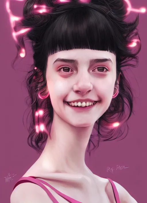 Image similar to portrait of teenage girl, realistic, black hair, bangs, half updo hairstyle, pointy nose, skinny, smile, ugly, defined jawline, big chin, pink hair bow, earrings, intricate, elegant, glowing lights, highly detailed, digital painting, artstation, sharp focus, illustration, art by wlop, mars ravelo and greg rutkowski