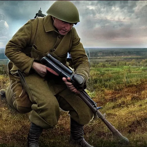 Image similar to Vladimir Putin,fighting in the trenches, somewhere in Ukraine, in the style of retro futurism 4K