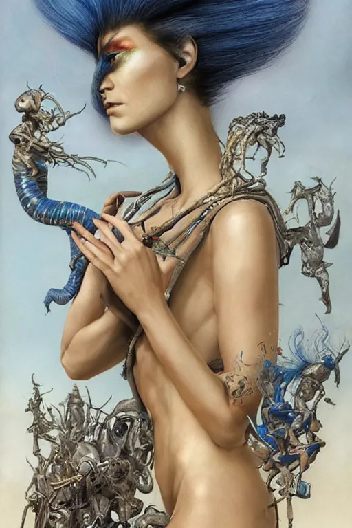 Image similar to a fashion editorial of a shaved blue sphinx alien with scaled skin meditating. she is wearing a tactical suit and has many body modifications. by tom bagshaw, donato giancola, hans holbein, walton ford, gaston bussiere, brian froud, peter mohrbacher and magali villeneuve. 8 k, hyperrealism, fashion editorial, cgsociety