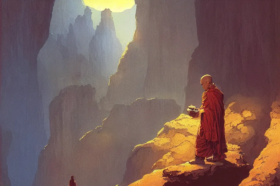 Prompt: a monk, i live in a cave, i live to create, by moebius and john harris, atmospheric hues, concept art, saturation 4