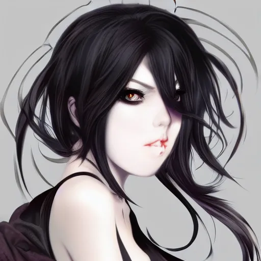 Image similar to front-facing headshot of a young gothic anime woman with black hair and golden highlights, wearing pretty makeup, drawn by WLOP, by Avetetsuya Studios, anime drawing, trending on artstation