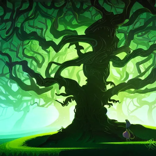 Prompt: a tree of the magical world, green tones, animated film, stylised, illustration,, fantasy art, 2 d game art, by eyvind earle, scott wills, genndy tartakovski, roman shipunov, etienne hebinger, atey ghailan, cgsociety, cynical realism