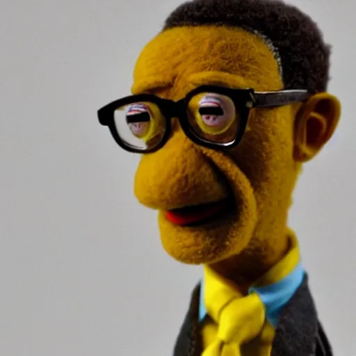 Prompt: gus fring as a muppet, yellow dress shirt. highly detailed felt. hyper real photo. 4 k.