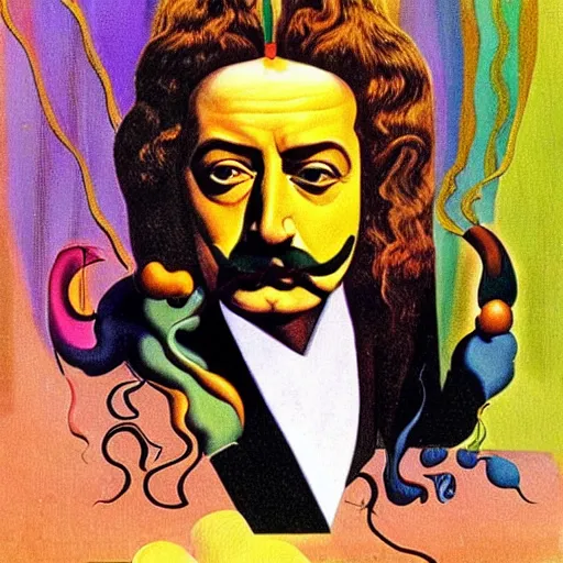 Image similar to a conference of psychedelic men & women scientists / professors / researchers in the style of salvador dali