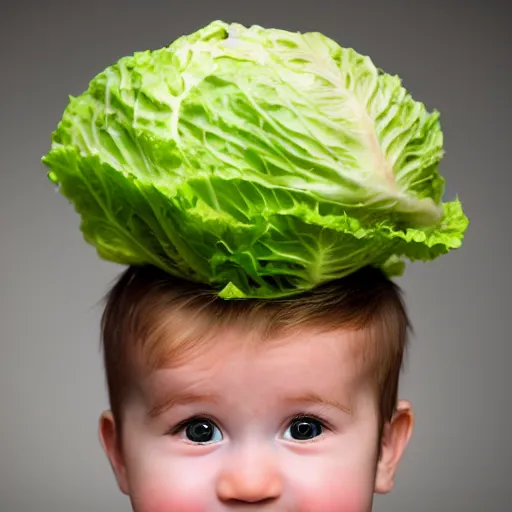 Prompt: A lettuce in the shape of a baby on top of the head of a young man with a short beard, portrait photography