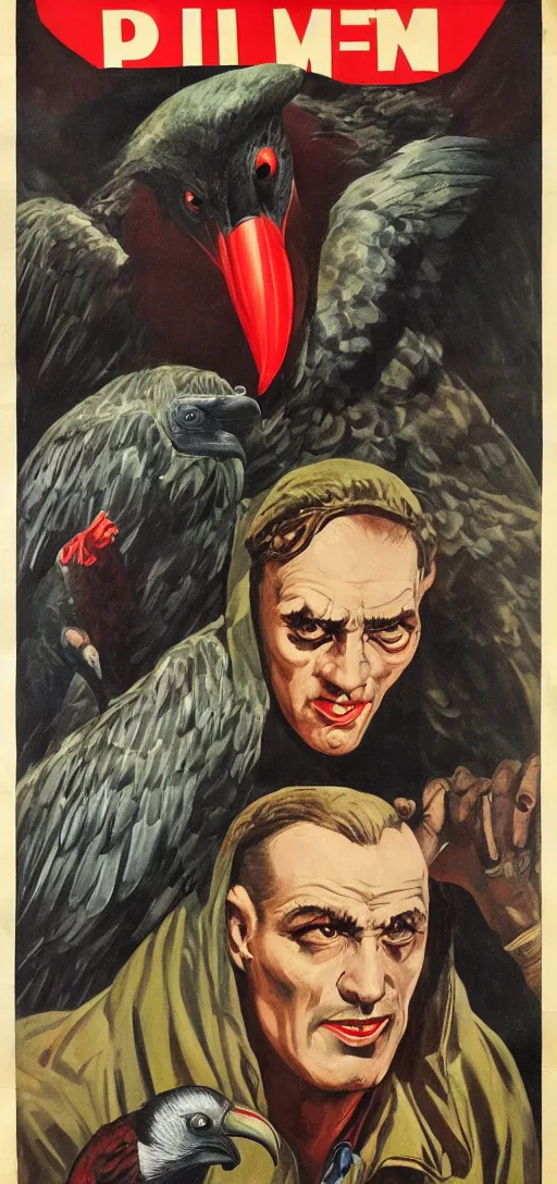 Image similar to mistery man in hood and red eyes with a dager, and a vulture, 1940s propaganda poster, full hd,highly detailed