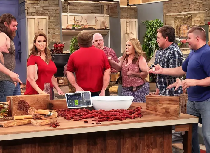 Prompt: qvc tv show product showcase pile of nasty chili spilled everywhere, chunky sloppy fat men no shirts wrestling in chili, wet, studio audience, limited time offer, call now, extremely detailed, horror, 4 k, hd