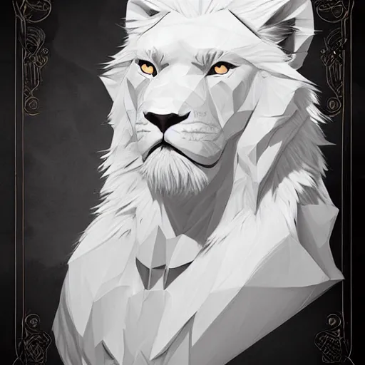 Image similar to aesthetic portrait commission of a albino male furry anthro low-poly lion, Character design by charlie bowater, ross tran, artgerm, and makoto shinkai, detailed, inked, western comic book art, 2021 award winning painting