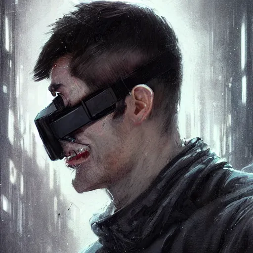 Image similar to Portrait of a man by Greg Rutkowski, symmetrical face, an young man with a VR Heaset covering his eyes, Kubric Stare, cold, twisted and sinister smile, highly detailed portrait, scifi, digital painting, artstation, book cover, cyberpunk, concept art, smooth, sharp foccus ilustration, Artstation HQ