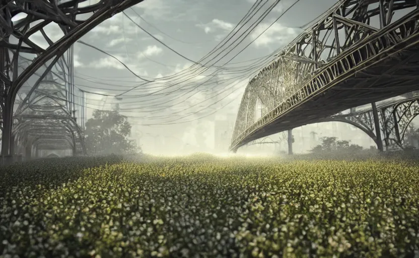 Image similar to explosions in the form of realistic cotton plants cover harbour bridge, huge cotton plants everywhere, smooth, sharp focus, highly detailed, 3 d octane render, epic lighting, dark atmosphere, lots of cotton plants, 8 k, by goro fujita