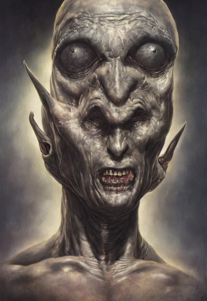 Prompt: ultra realistic portrait painting of the gray alien leader in military captivity from zeta reticuli, one large head, two large deep black eyes, small nose and small mouth, light grey moist skin, art by frank frazetta, 4 k, ultra realistic, highly detailed, epic lighting