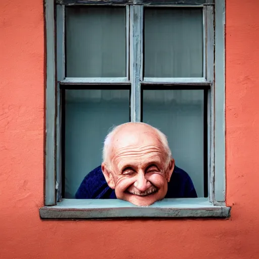 Prompt: the head of a smiling old man seen through a window