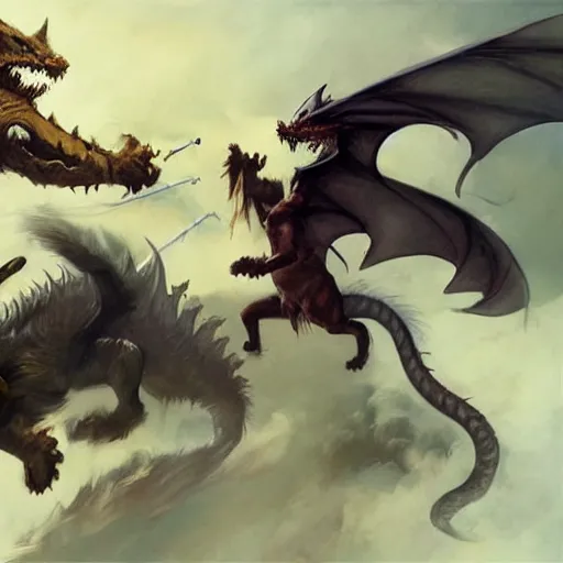 Prompt: A cat dragon fighting a Dog dragon by Lucas Graciano, Frank Frazetta, Greg Rutkowski, Boris Vallejo, epic, fantasy, character art, high fantasy