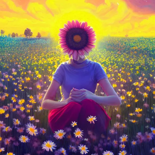 Image similar to giant daisy flower head, girl sitting in a flower field, surreal photography, sunrise, dramatic light, impressionist painting, colorful clouds, digital painting, artstation, simon stalenhag