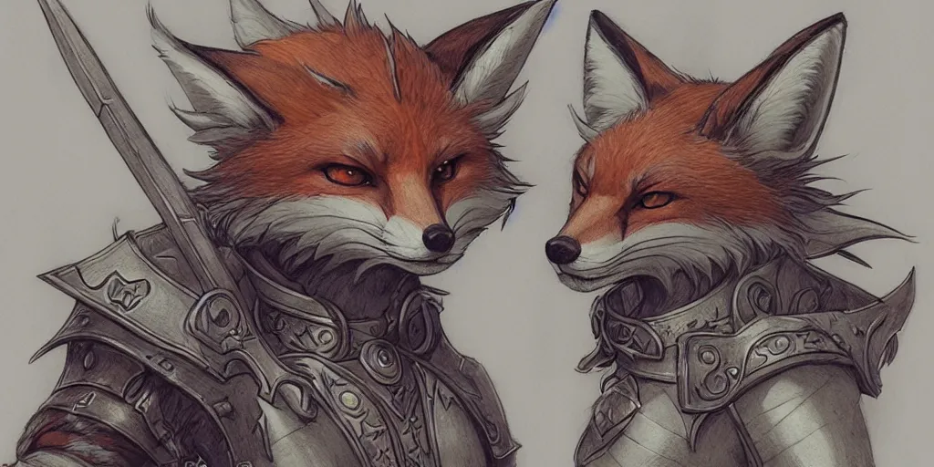 Prompt: heroic character design of anthropomorphic fox, whimsical fox, portrait, holy crusader medieval, final fantasy tactics character design, character art, whimsical, vibrant, lighthearted, colorized pencil sketch, highly detailed, Akihiko Yoshida