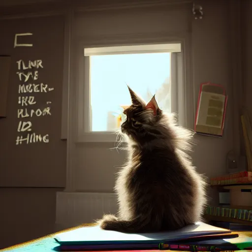 Image similar to eye - level view, a super cute maine coon kitten ate my homework in my room and woke up the next day smart, hilarious, funny, frenetic high energy, back to school comedy, cg animation, 3 d octane render, imax 7 0 mm, rtx,