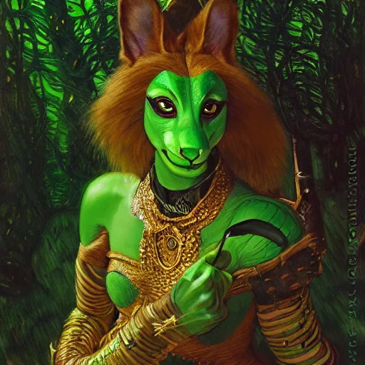 Prompt: a portrait of a female green reptile wearing ornate plastic armor at night in a dark forest. zootopia fursona furaffinity furry art detailed face painting by gaston bussiere craig mullins jc leyendecker gustav klimt artgerm greg rutkowski furry