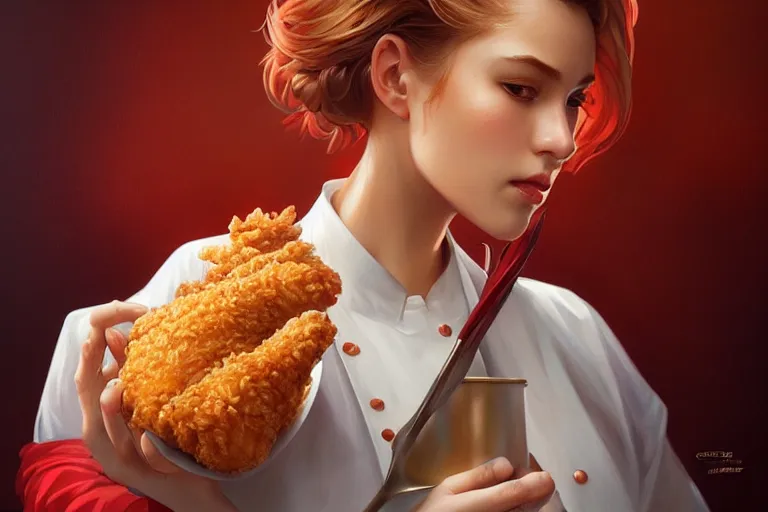 Image similar to kfc chicken, portrait, elegant, intricate, digital painting, artstation, concept art, smooth, sharp focus, illustration, art by artgerm and greg rutkowski and alphonse mucha