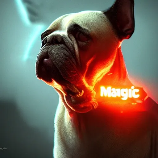 Prompt: cinematic portrait of magic brutal epic dog, concept art, artstation, glowing lights, highly detailed