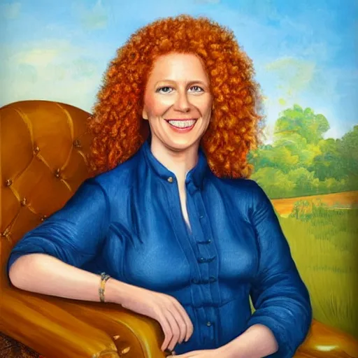 Image similar to the official presidential portrait of ginger head woman, fair skin, smiley, long curly hair, blue blouse, hyper realistic, detailed face