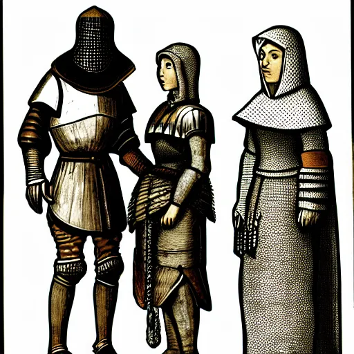 Prompt: a knight in armor standing next to a peasant woman on the left and a peasant woman on the right, illustration