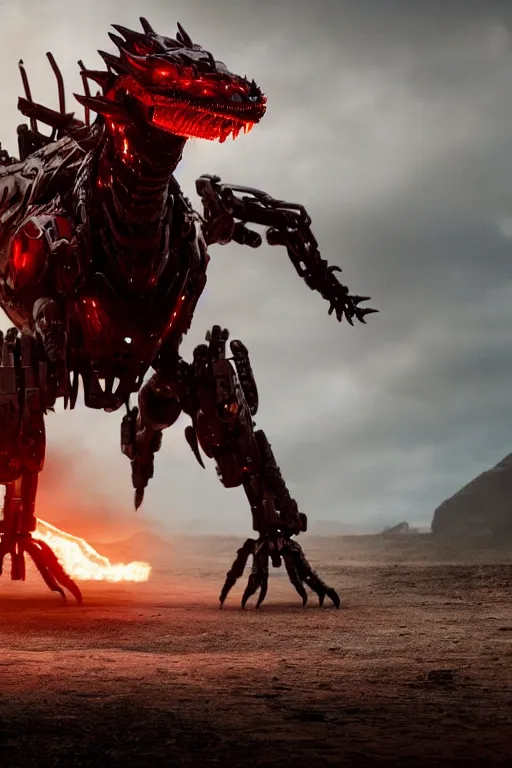 Image similar to cinematic still of westworld, a full body red si - fi robotic fantasy dragon, well armored mech dragon, highly detailed