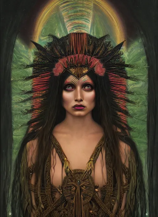 Prompt: Ayahuasca tripping cult magic psychic woman, subjective consciousness psychedelic, epic occult ritual symbolism story iconic, dark witch headdress, oil painting, robe, symmetrical face, greek dark myth, by John William Godward, Jason A Engle, Anna Dittman, masterpiece