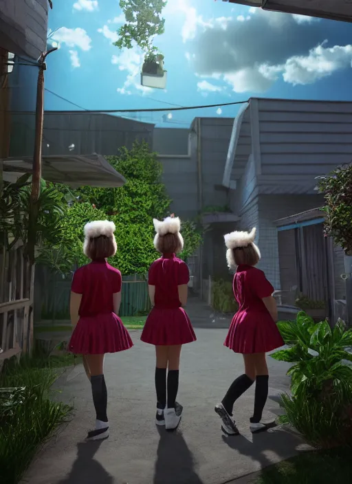 Prompt: schoolgirls selling fluffy cats on their backyard, photorealistic, canon r 3, symmetry, octane render, unreal engine, dramatic lights