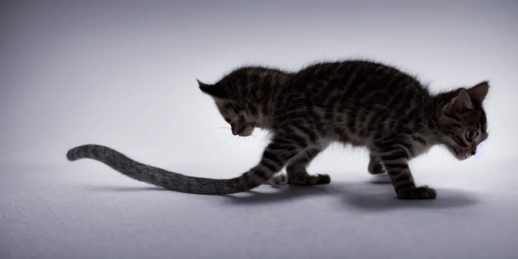 Prompt: cinematic photo of a single kitten with very long ears and an extremely long monkey's tail it is lying in the snow under the moonlight, studio lighting, in the style of rodger deakins and greig fraser and david fincher and denis villeneuve, moody, rim light, beautiful lighting, 8 k, stunning scene, blade runner, dune, seven,