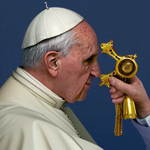 Image similar to the pope holding a golden revolver, photorealistic, ultra detailed, high resolution, 8 k