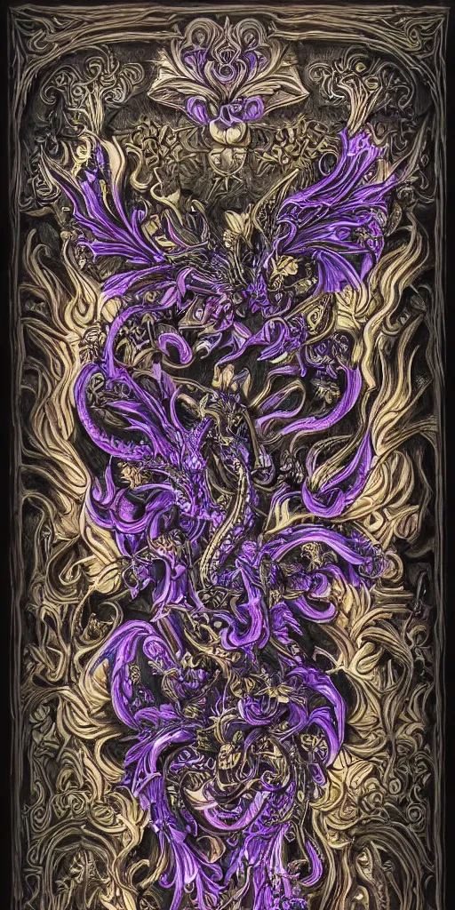 Prompt: Painted dark-wood panel relief carving of a Flowerpunk Dragon, Fractal God, mythology, divinity, Silver, black and glowing purple toned, ornate border frame, explosion of colorful flowers, dark wood, intricately carved, black ink, festival of rich colors, intricate details, cinematic lighting, volumetric lighting, post-processing, art nouveau, tarot, fractal art, mandala, by andreas rocha and john howe, and Martin Johnson Heade, featured on artstation, featured on behance, golden ratio, hyper detailed, photorealistic, epic composition, center spotlight, f32, well composed, symmetrical, UE5, 8k