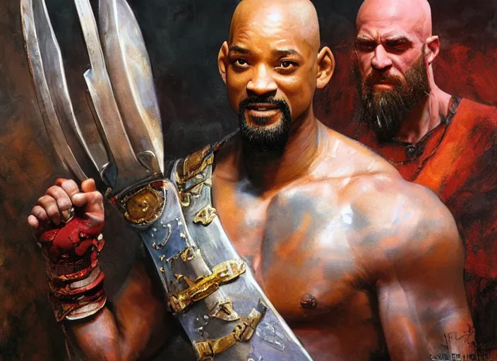 Prompt: a highly detailed beautiful portrait of will smith as kratos, by gregory manchess, james gurney, james jean