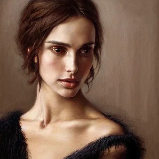 Image similar to portrait of nathalie portman dressed by alexander mcqueen | highly detailed oil painting, hyperrealistic, very intrincate | cinematic lighting, award - winning | by roberto ferri, gustav klimt, william waterhouse and tom bagshaw | by austin osman spare and william blake, trending on artstation, cgsociety, official art, octane.