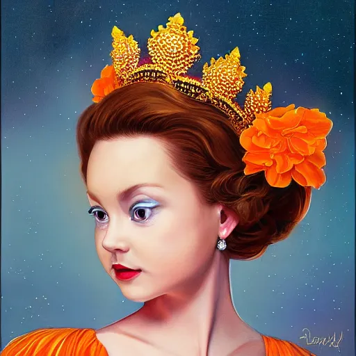 Prompt: An ultra realistic portrait painting of Princess Daisy wearing his orange dress and golden tiara, 4k, Ultrarealistic, Highly Detailed, Dark Fantasy, Epic Lighting